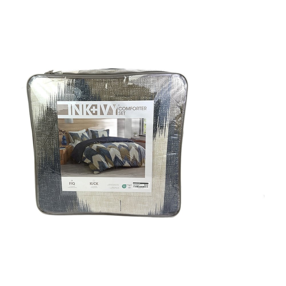 AZ-2605291-0042.jpg Ink+Ivy Queen Comforter Set, 3 Piece, Navy Ikat Chevron Design - Image 1