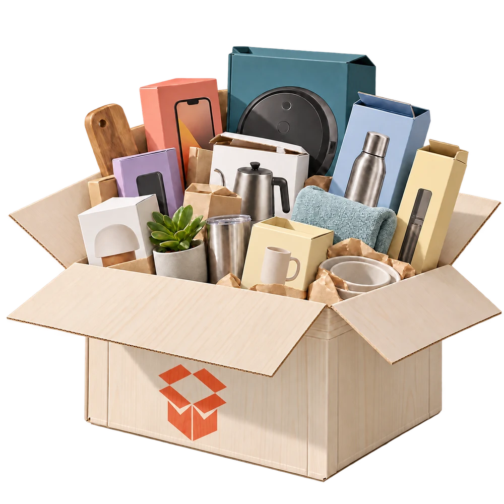Illustrative open box of household goods with the openbxd.com box symbol